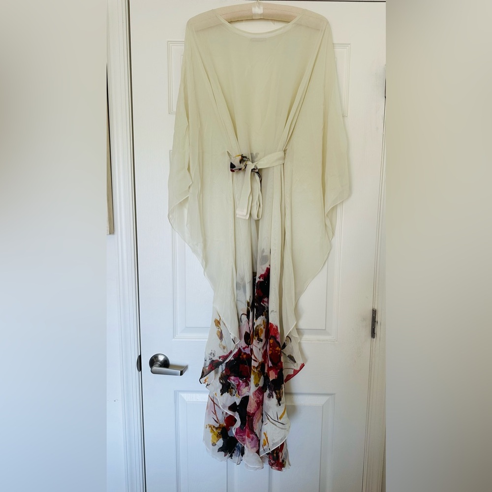 Rosamosario 100% Silk Kaftan Italian Georgette Silk Rose Print Kaftan Waist Tie